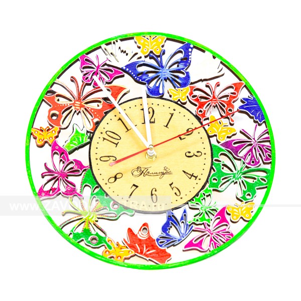 Настенные часы резные из дерева цветные Бабочки D300 купить