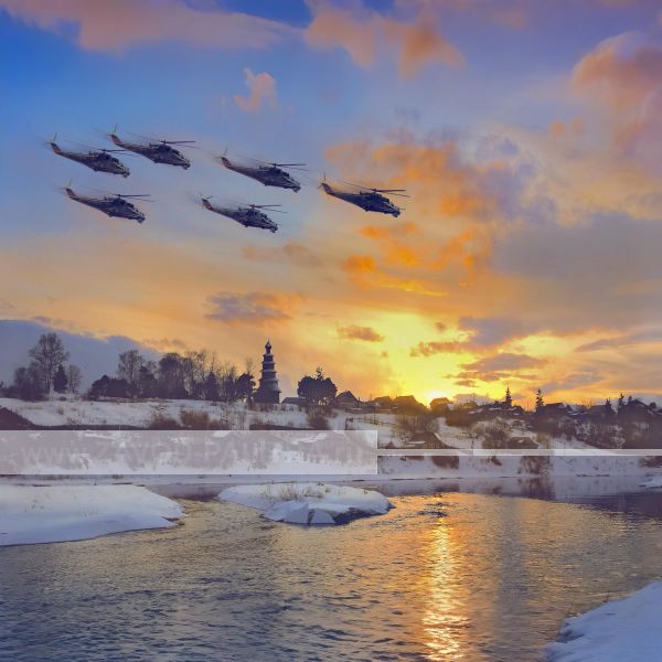 Картина на холсте «Группа Ми-24 над рекой» по цене 900 руб. Доставка по РФ