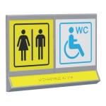Пиктограмма тактильная, модульная "Общественный туалет с кабиной доступной для инвалидов на кресле-коляске", с наклонным полем, двухсекционная, М14