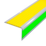 Накладка на ступень противоскользящая, угловая, в антивандальном алюминиевом профиле шириной 62мм, с двумя вставками шириной 50мм и 29мм, желтая/фотолюм