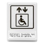 Пиктограмма с дублированием информации по системе Брайля на наклонной площадке «Лифт для инвалидов на креслах-колясках», черная, 240х180х30 мм